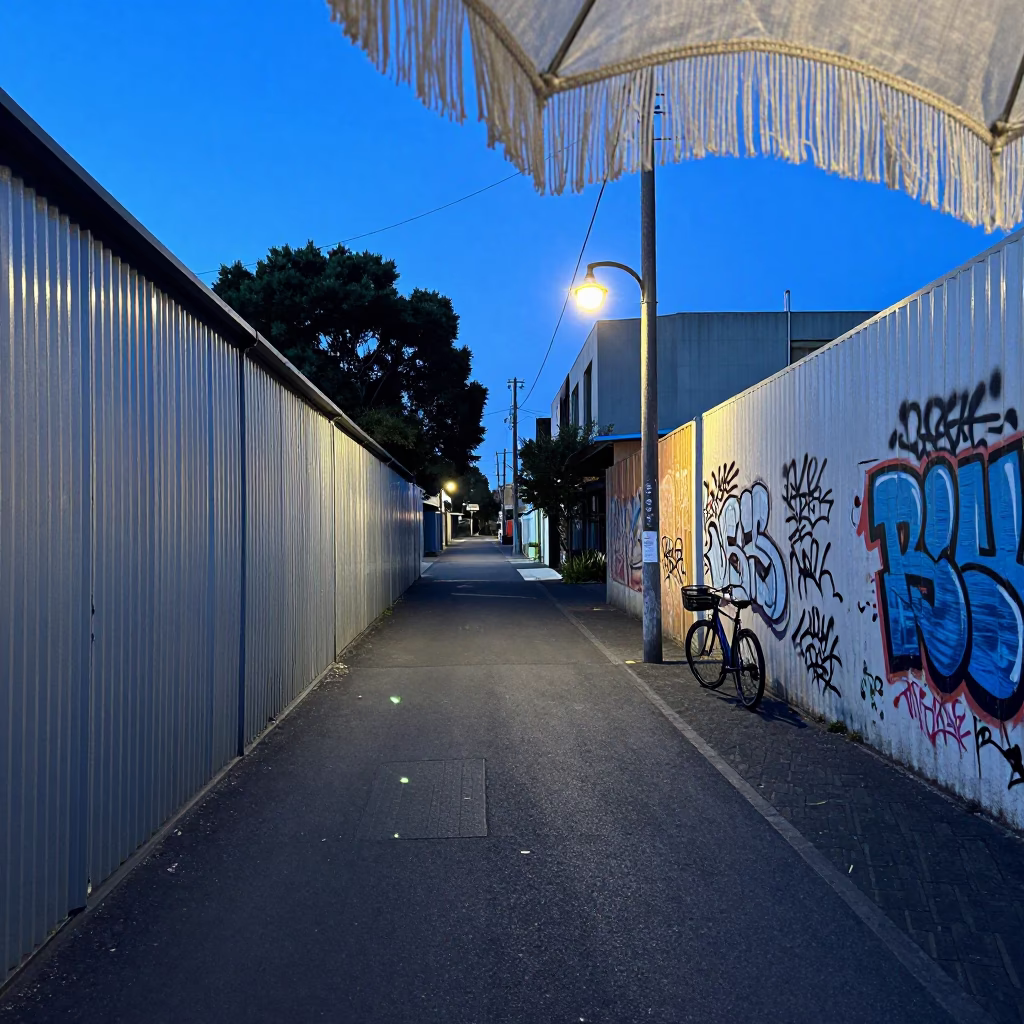 Melbourne Laneway Evening Light with Linen Fringe Detail and Urban Architecture in in Melbourne, Victoria, Australia