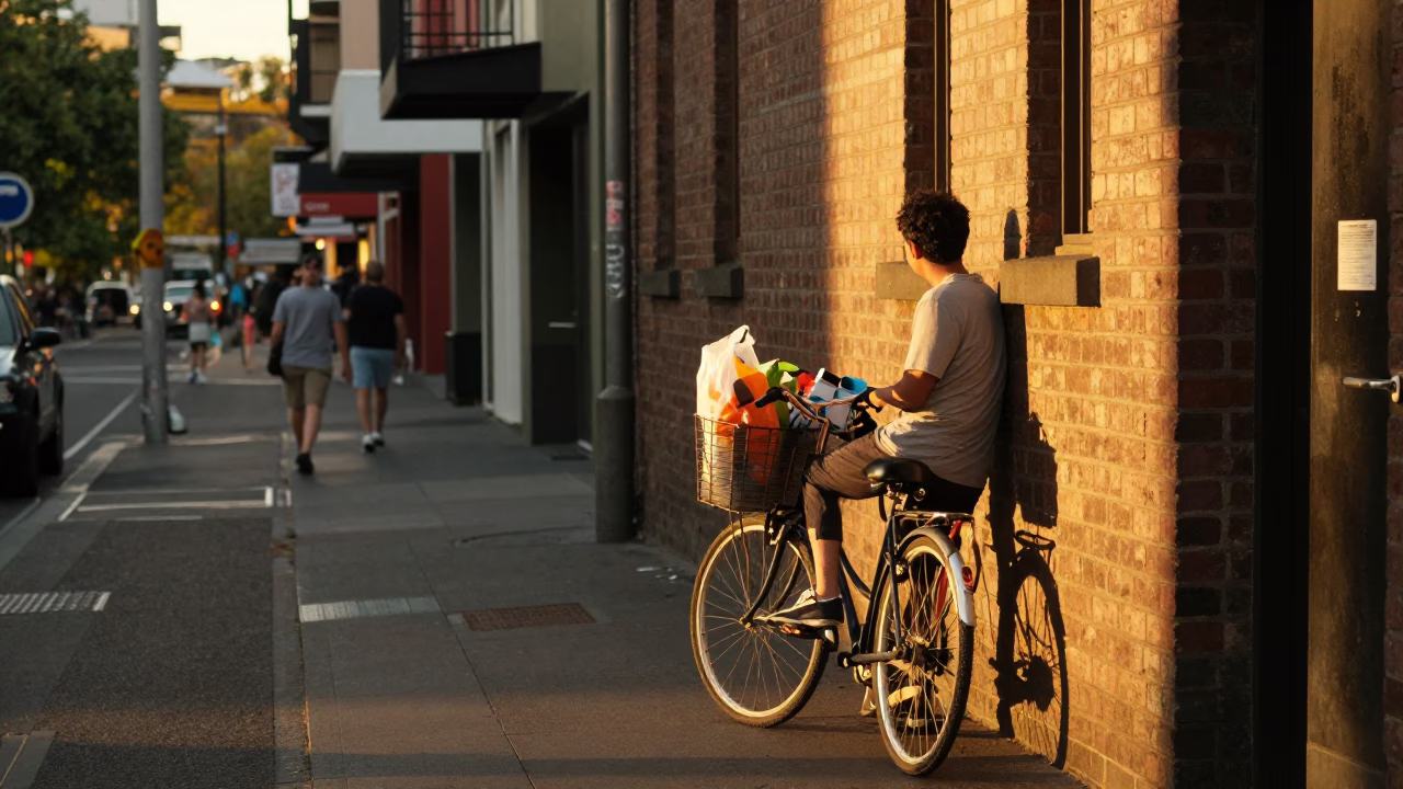 Melbourne laneway evening scene with bicycle basket and urban street life in in Melbourne, Victoria, Australia