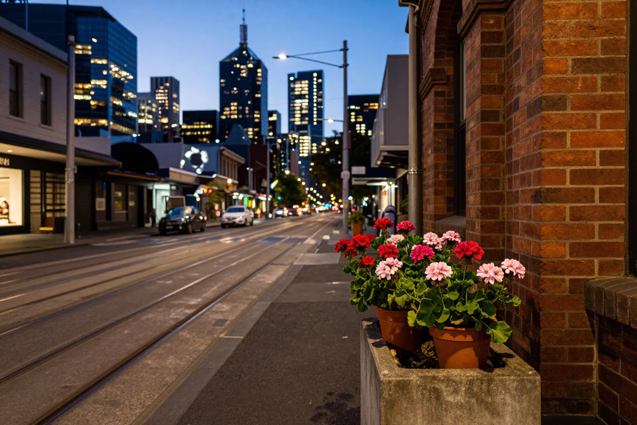 Melbourne Laneway Evening Scene with Tram Tracks and City Lights in Victoria Australia in in Melbourne, Victoria, Australia