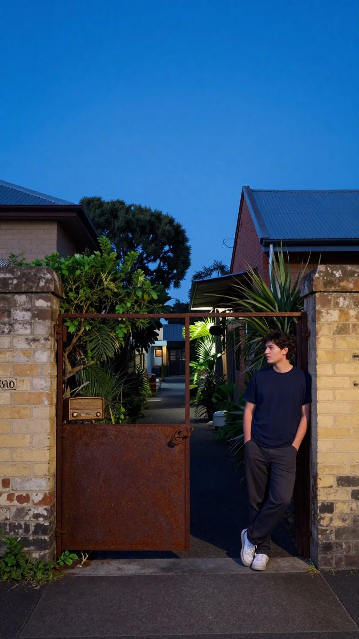 Melbourne Laneway Evening Scene with Vintage Radio and Garden Hose in Last Blue Light in in Melbourne, Victoria, Australia