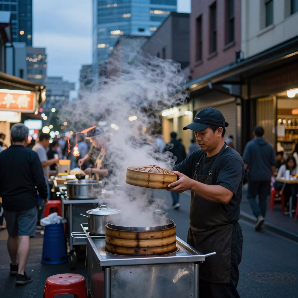 Melbourne Laneway Evening Street Food Scene with Steam and Lanterns in in Melbourne, Victoria, Australia