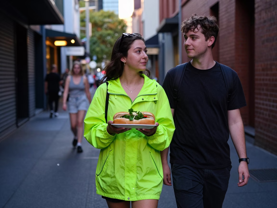 Melbourne Laneway Evening Street Photography with Vintage Fashion and Local Food in in Melbourne, Victoria, Australia