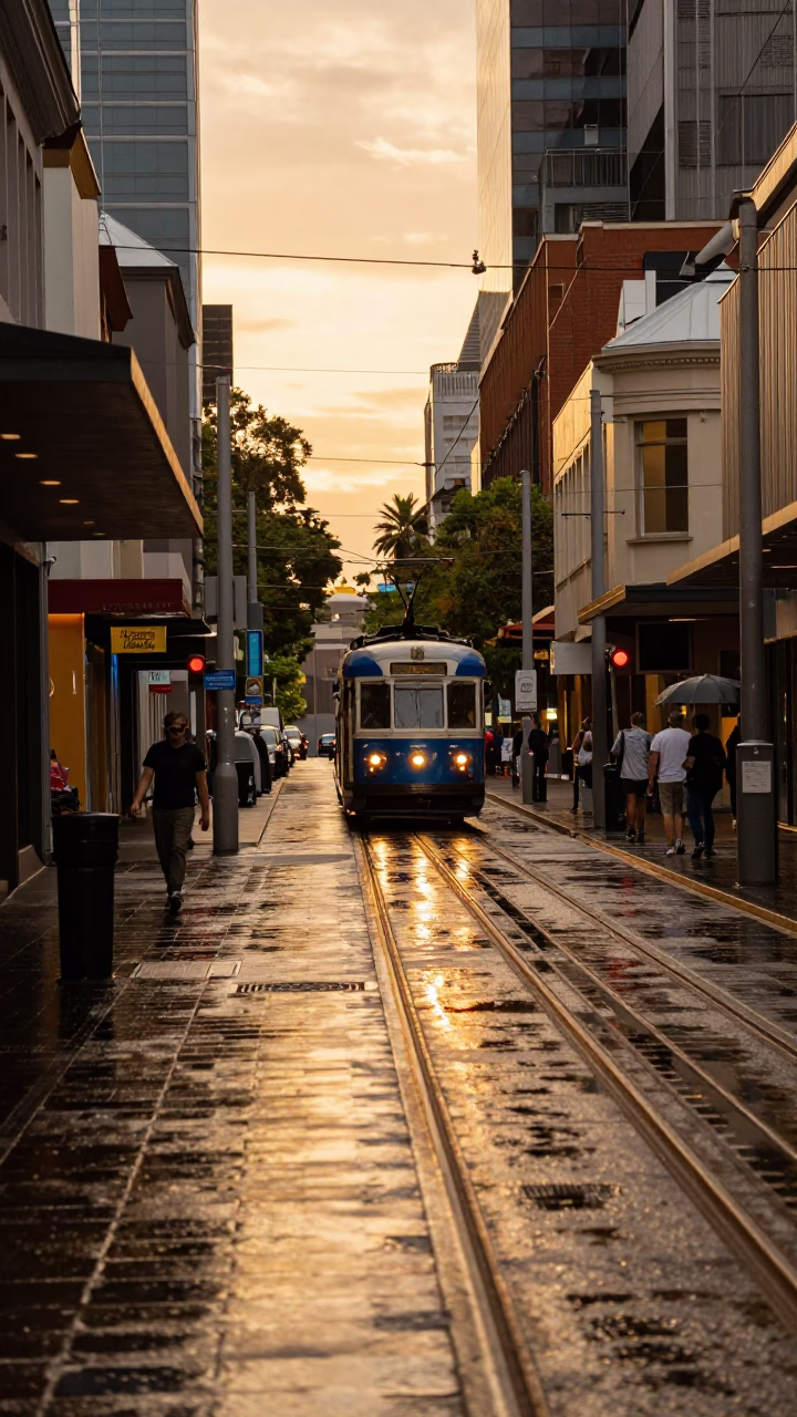 Melbourne laneway evening street scene with tram and rain-slicked pavement in in Melbourne, Victoria, Australia
