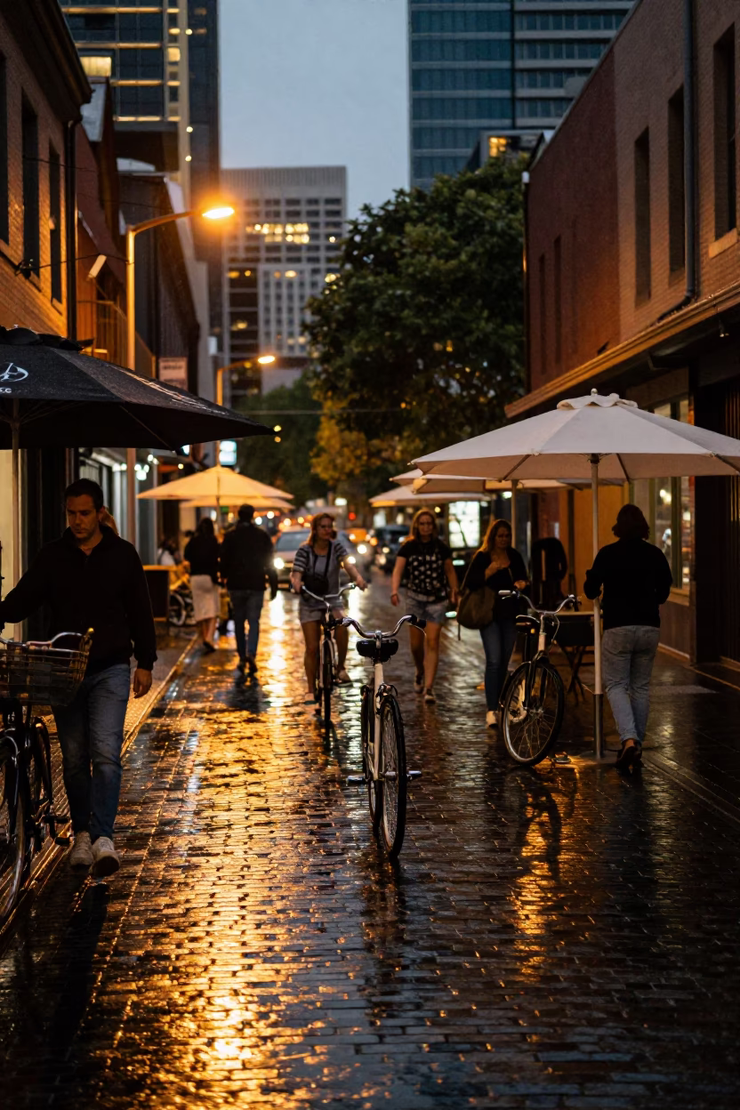 Melbourne Laneway Evening Street Scene with Umbrellas and Bicycle Basket in in Melbourne, Victoria, Australia