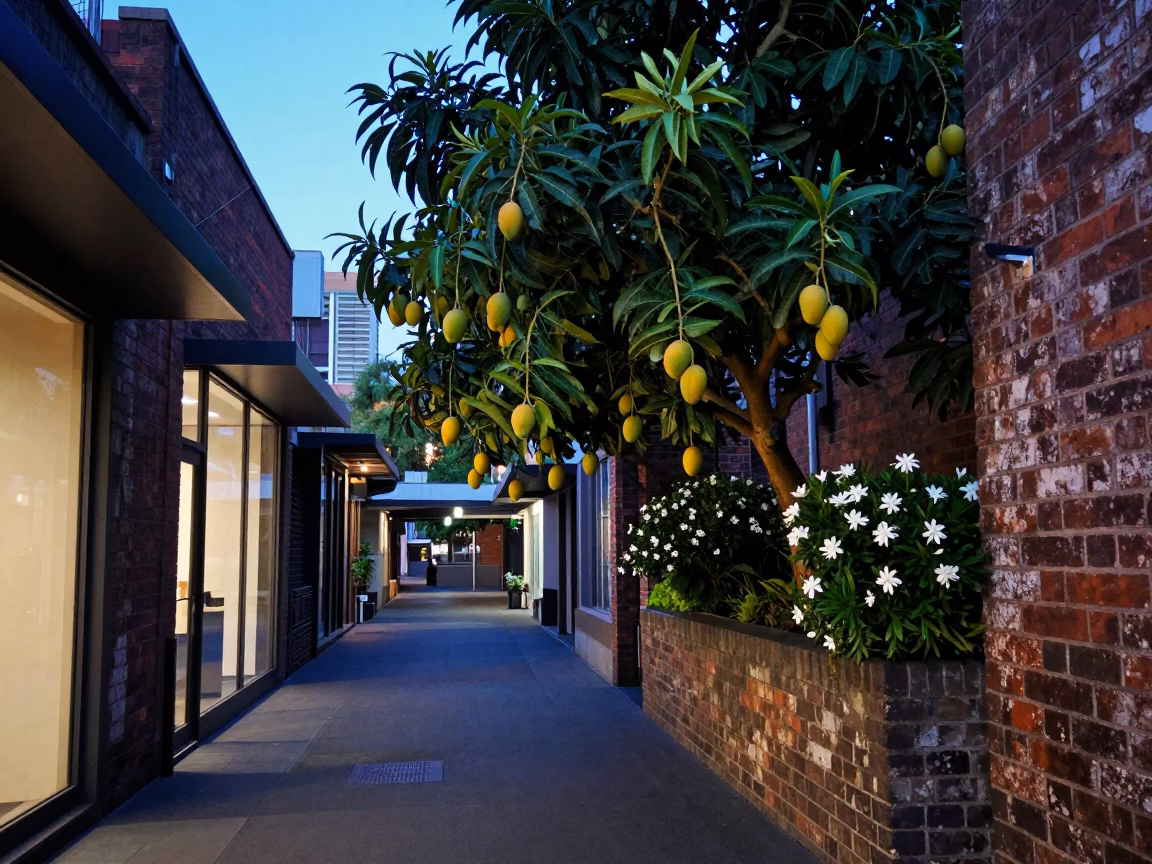 Melbourne Laneway Evening with Mango Tree and Gardenia Bush in Blue Light in in Melbourne, Victoria, Australia