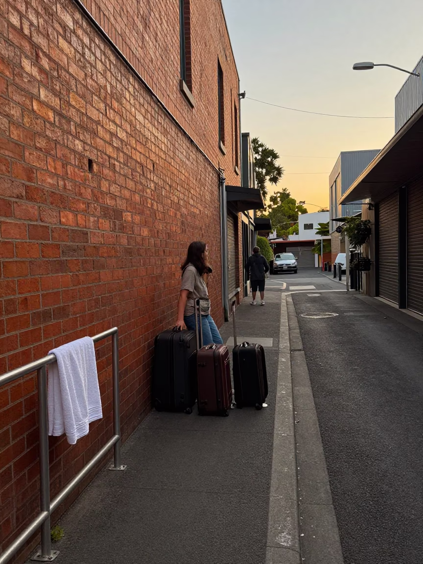Melbourne laneway evening with suitcases and towel rail in honeyed light in in Melbourne, Victoria, Australia