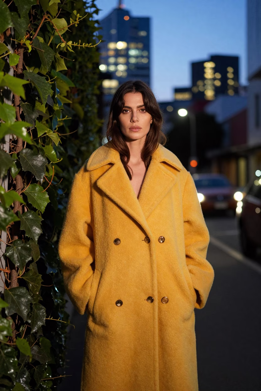 Melbourne Laneway Fashion Portrait at Twilight with Ivy and Coat Stand in in Melbourne, Victoria, Australia