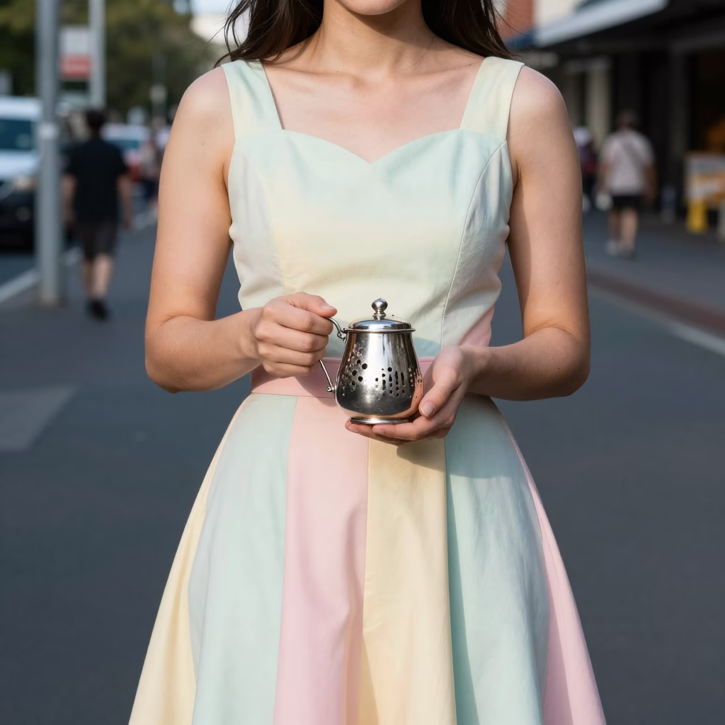 Melbourne Laneway Fashion Portrait with Vintage Tea Strainer and Doormat in Late Morning Light in in Melbourne, Victoria, Australia
