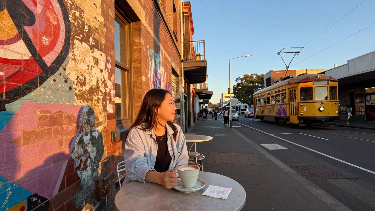 Melbourne Laneway Golden Hour Coffee Culture with Ceramic Cup and Tram in in Melbourne, Victoria, Australia