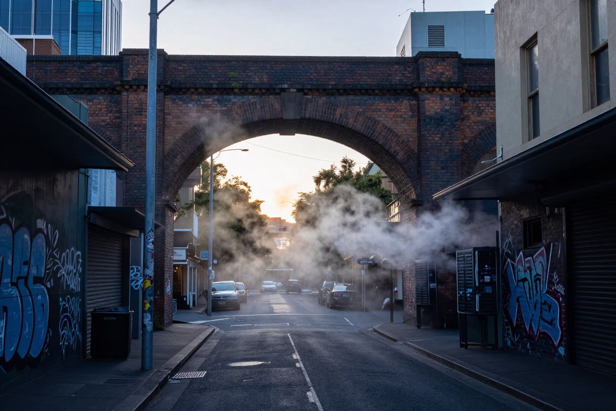 Melbourne laneway graffiti and steam before sunrise with vintage canisters in in Melbourne, Victoria, Australia