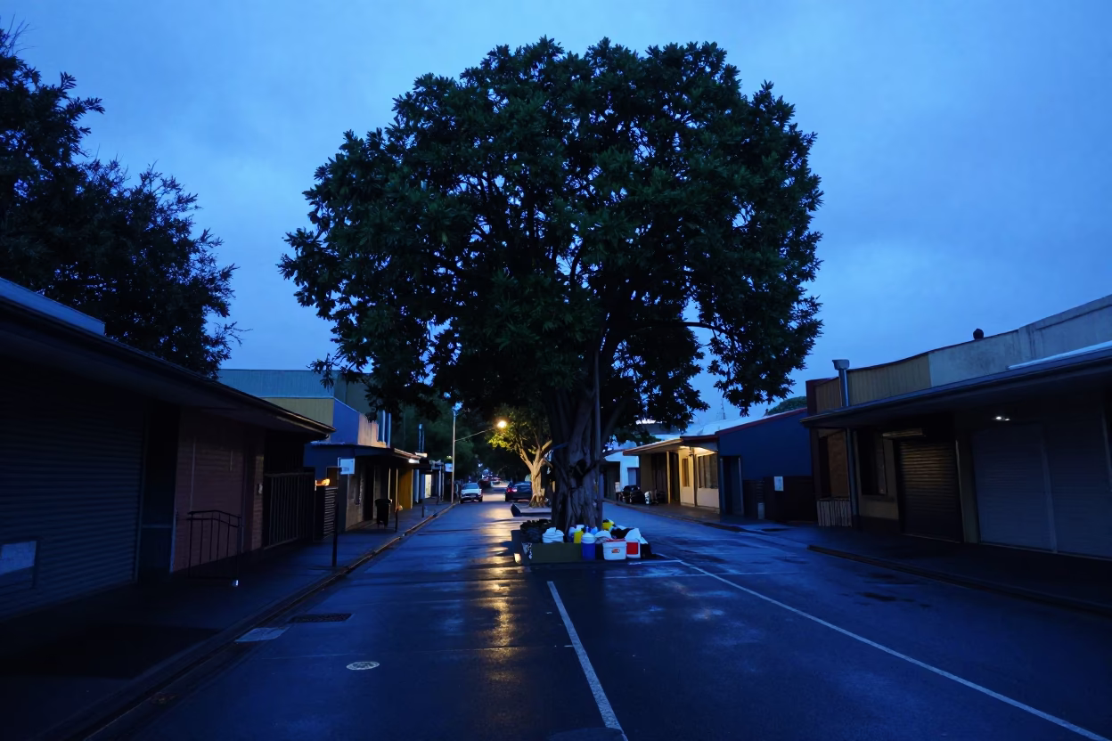 Melbourne laneway indigo twilight with banyan tree and miniature american shepherd in in Melbourne, Victoria, Australia
