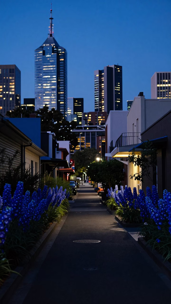 Melbourne Laneway Indigo Twilight with Delphinium Borders and Urban Street Life in in Melbourne, Victoria, Australia