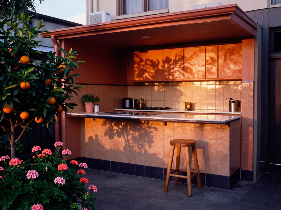 Melbourne laneway kitchen terrace with oranges and geraniums in in Melbourne, Victoria, Australia