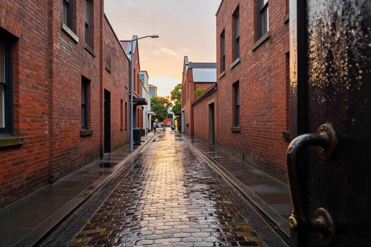 Melbourne Laneway Late Afternoon Rain and Brick Architecture with Vintage Street Details in in Melbourne, Victoria, Australia