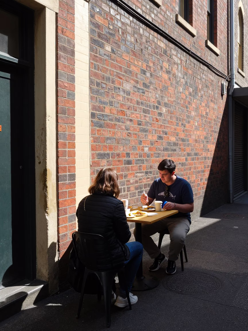 Melbourne Laneway Lunch at Noon with Tiffin Tin and Brushed Steel Cup in in Melbourne, Victoria, Australia