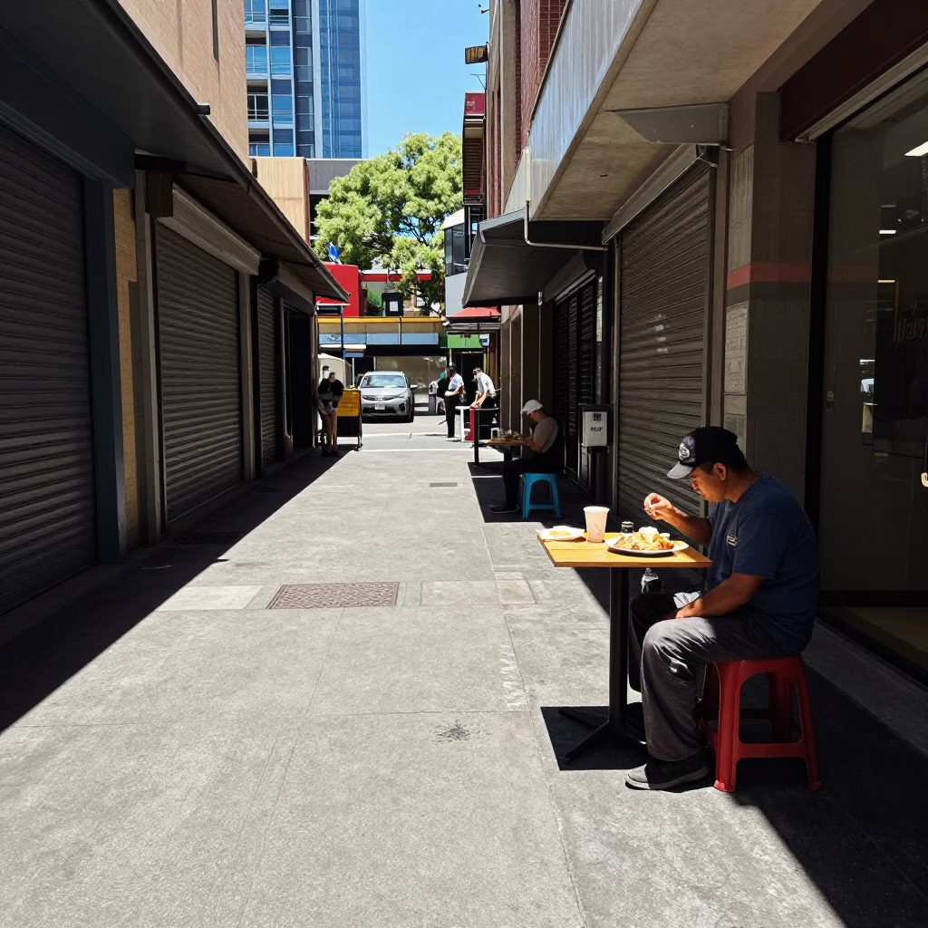 Melbourne Laneway Lunch Break Under Harsh Noon Sun with Coffee Mug and Potted Plant in in Melbourne, Victoria, Australia