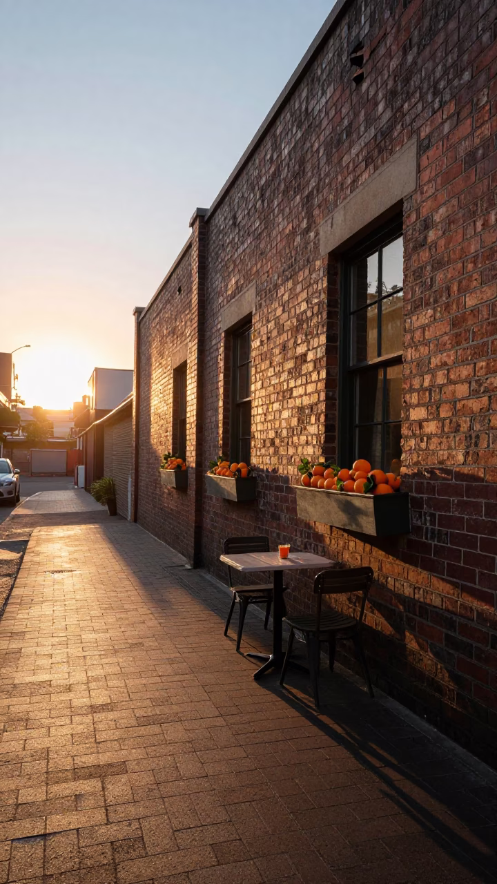 Melbourne Laneway Lunch with Oranges and Window Boxes at Sunset in in Melbourne, Victoria, Australia