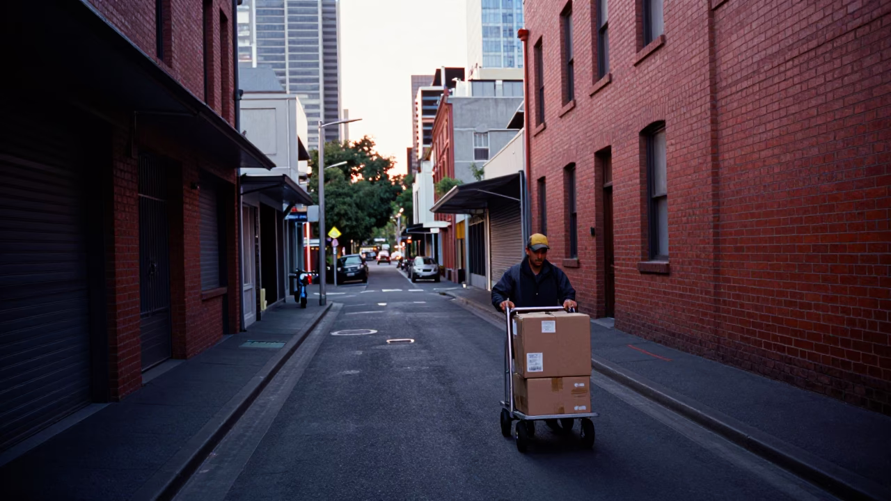 Melbourne Laneway Morning Commute with Rolling Carts and City Architecture in in Melbourne, Victoria, Australia