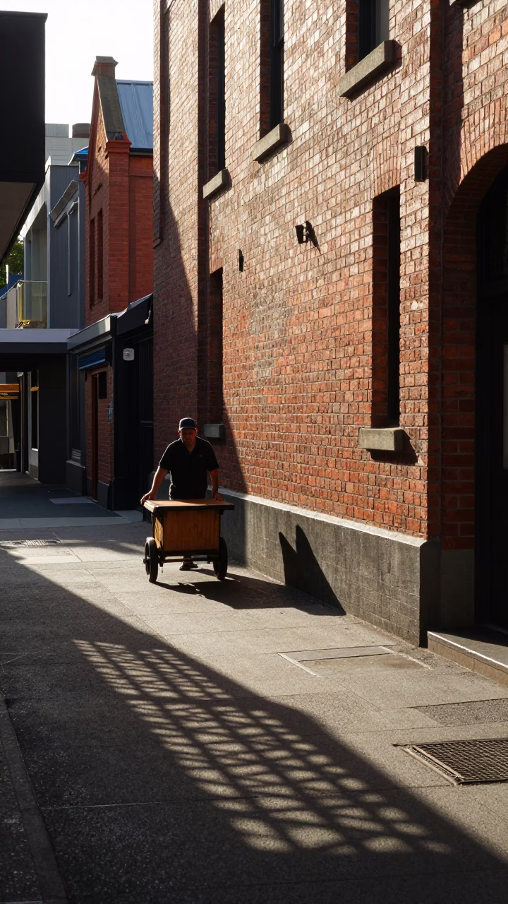 Melbourne laneway morning light and vintage wicker shadow on brick wall in in Melbourne, Victoria, Australia