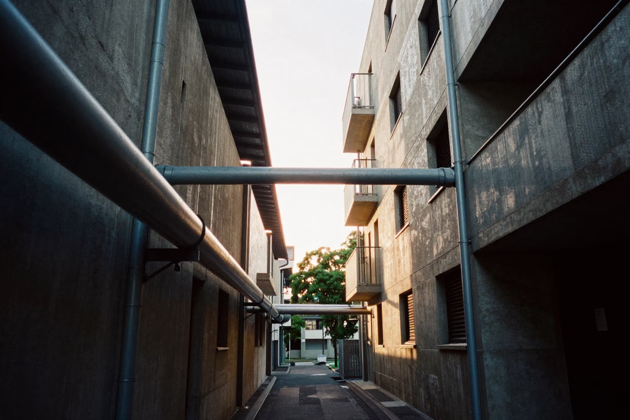 Melbourne laneway morning light district heating pipes and concrete architecture in in Melbourne, Victoria, Australia