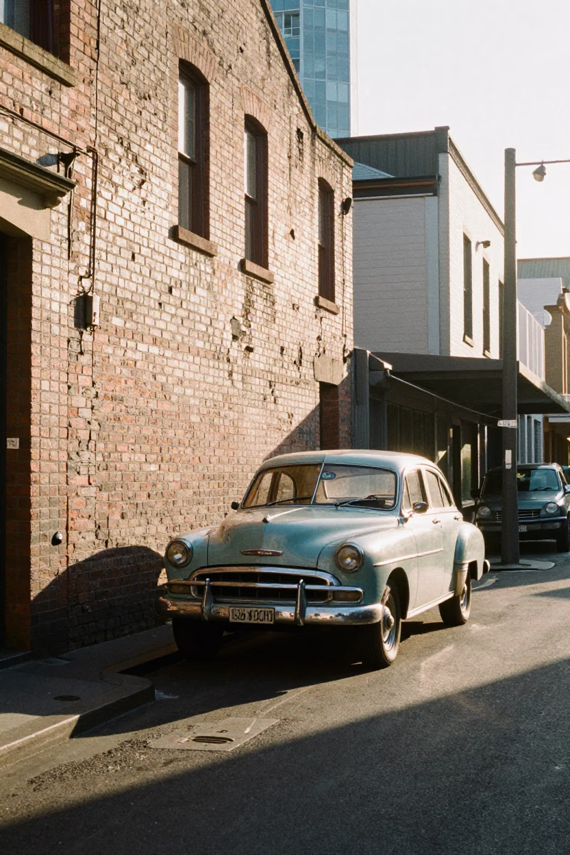 Melbourne Laneway Morning Sunlight and Vintage 1950s Street Scene in in Melbourne, Victoria, Australia