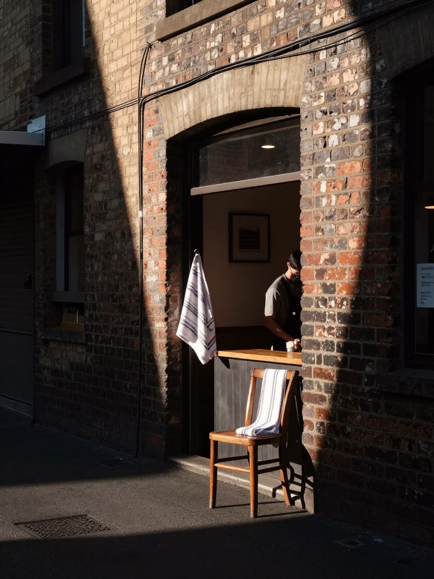 Melbourne laneway morning with striped towel and chair on brushed steel wall in in Melbourne, Victoria, Australia