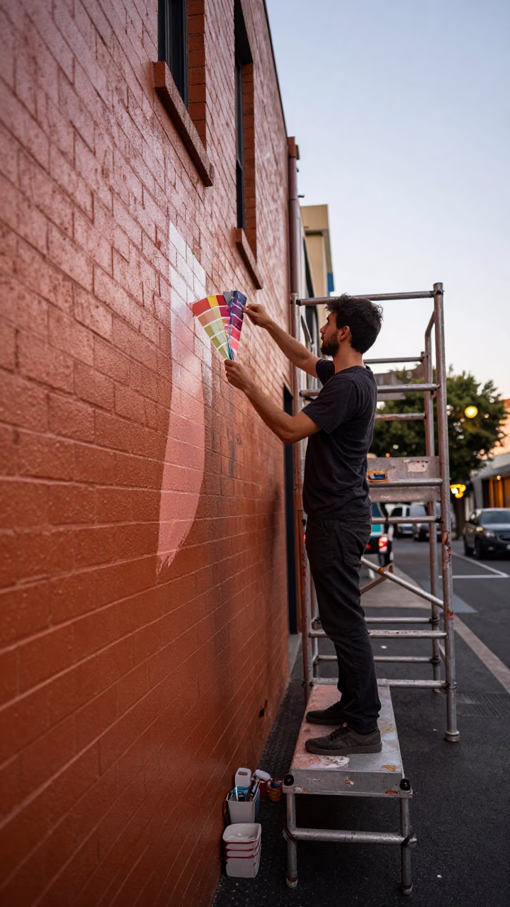 Melbourne Laneway Muralist Painting Sample Swatches and Paintbrush in Copper Toned Light Before Dusk in in Melbourne, Victoria, Australia