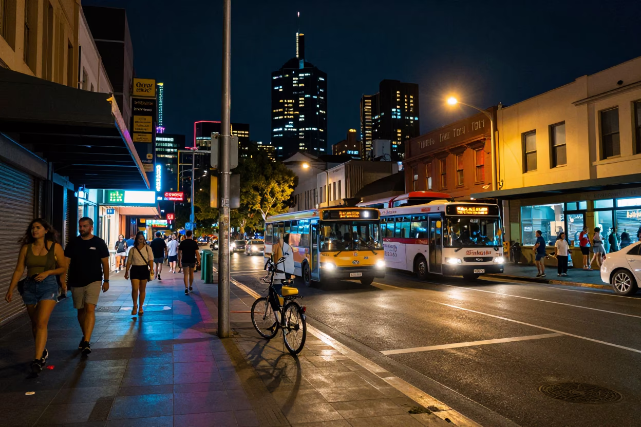 Melbourne Laneway Night Life with Neon Reflections and Urban Details in in Melbourne, Victoria, Australia