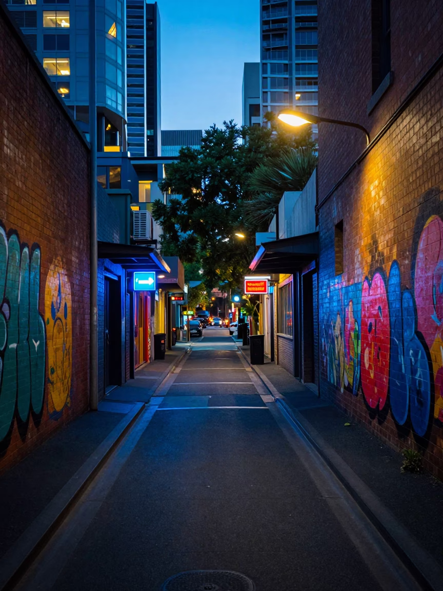 Melbourne Laneway Night Scene with Neon Lights and Street Art at Dusk in in Melbourne, Victoria, Australia