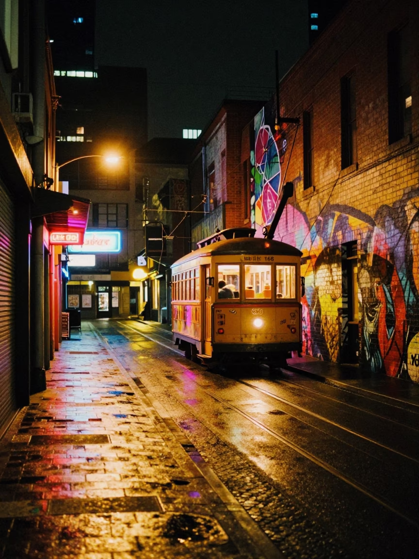 Melbourne laneway night scene with old trolley and street art in in Melbourne, Victoria, Australia