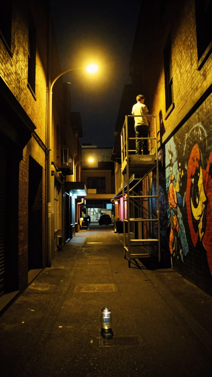 Melbourne Laneway Night Street Photography with Glass Jar and Mural Art in in Melbourne, Victoria, Australia