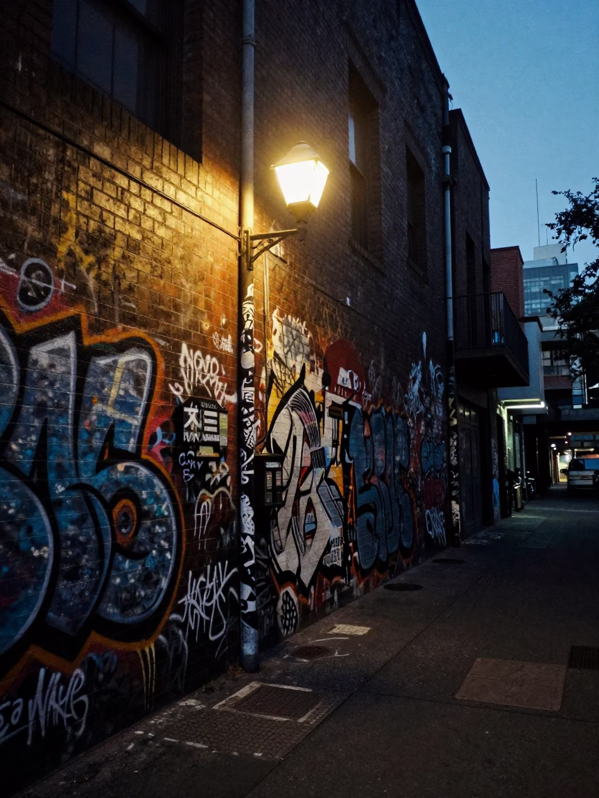 Melbourne laneway predawn street art and lockbox under flickering light in in Melbourne, Victoria, Australia