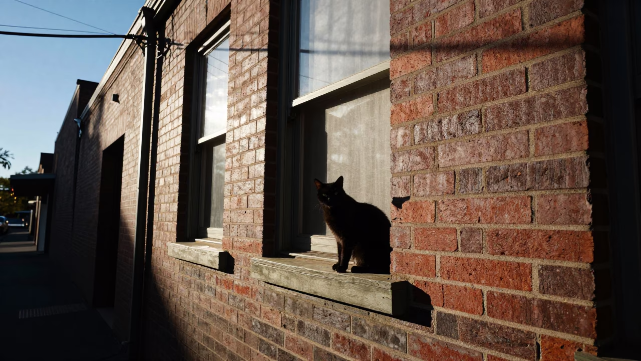 Melbourne Laneway Scene with Black Cat on Windowsill in Late Afternoon Light in in Melbourne, Victoria, Australia
