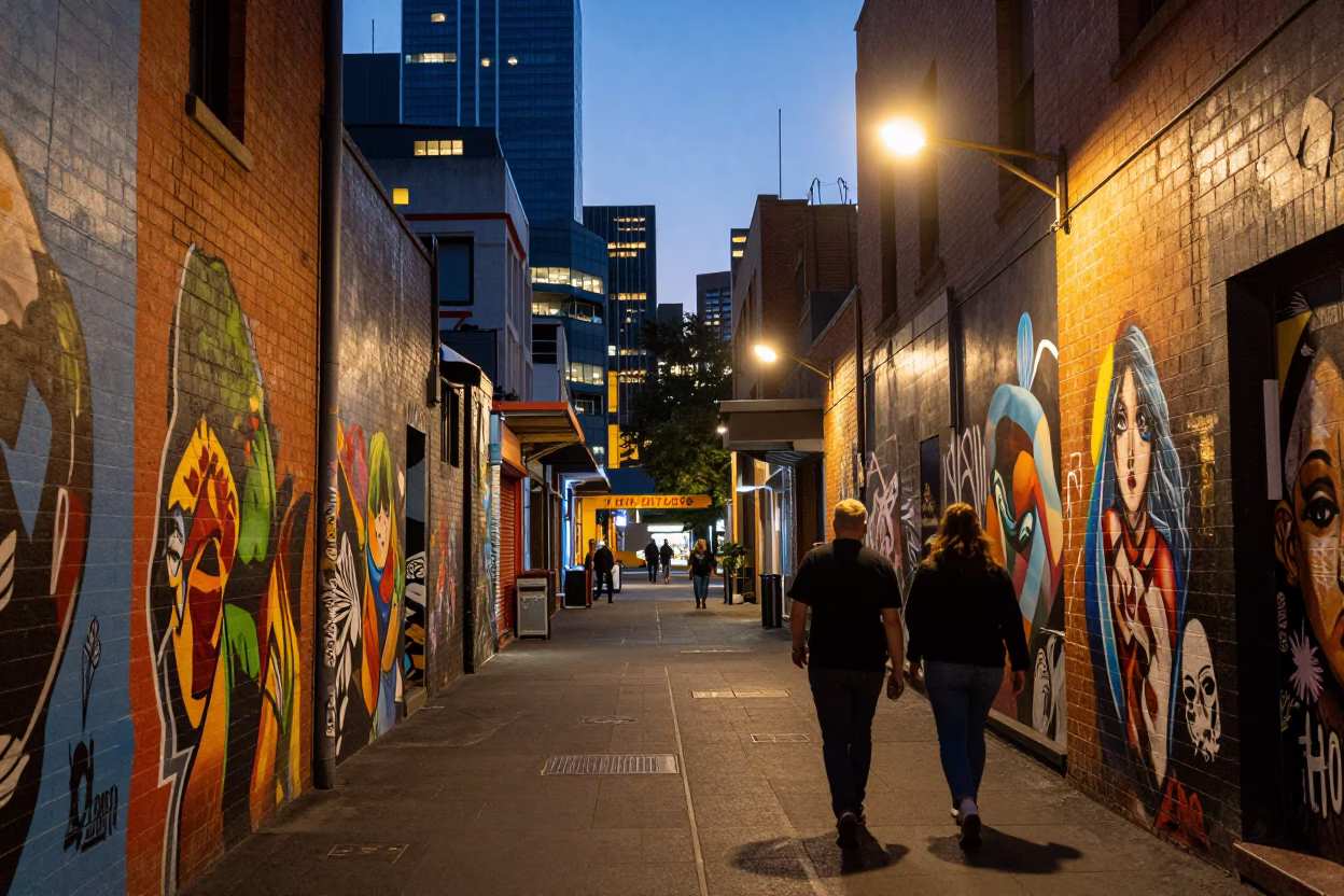 Melbourne Laneway Street Art and City Lights at Dusk in Victoria Australia in in Melbourne, Victoria, Australia