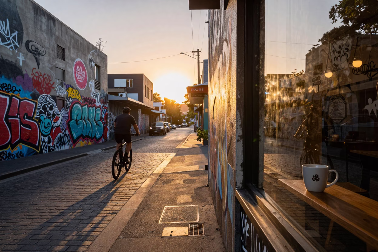 Melbourne laneway street art and coffee culture at golden hour in in Melbourne, Victoria, Australia