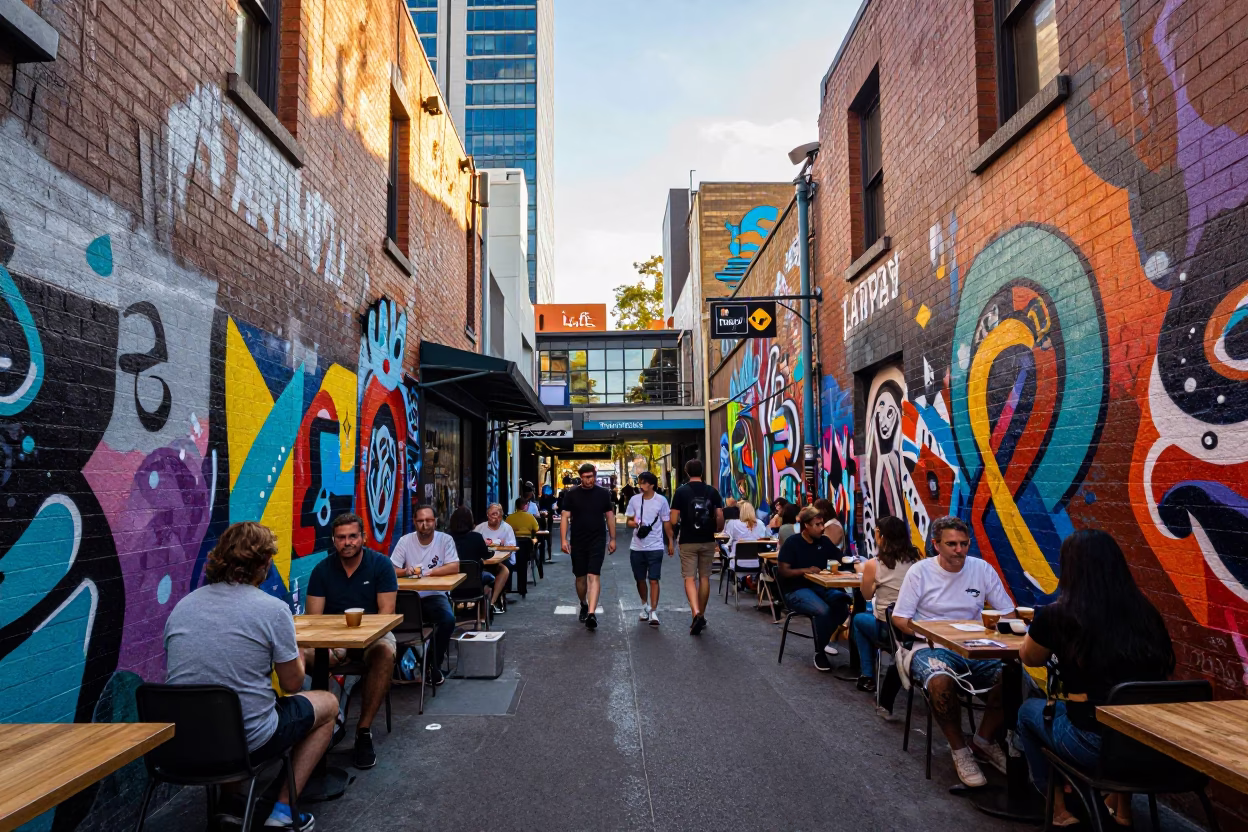 Melbourne Laneway Street Art and Coffee Culture in Late Afternoon Light in in Melbourne, Victoria, Australia