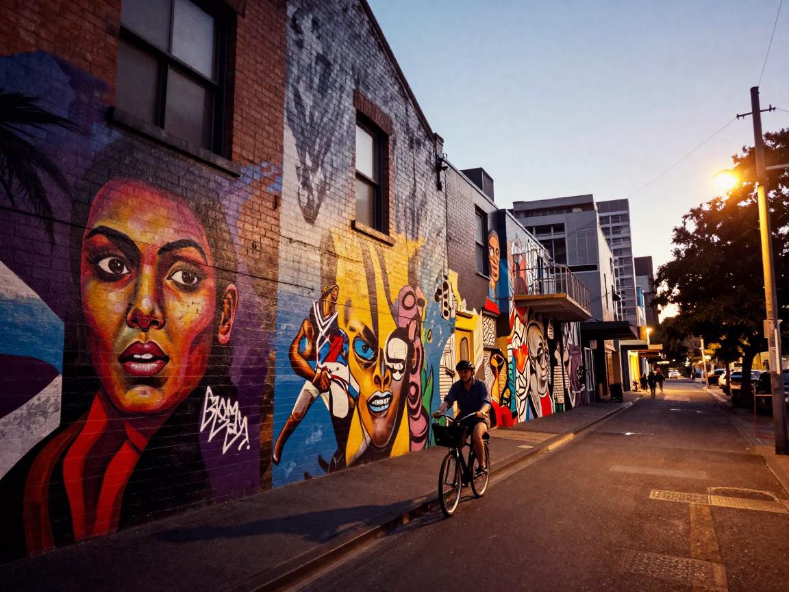 Melbourne Laneway Street Art and Cycling Culture at Dusk in in Melbourne, Victoria, Australia