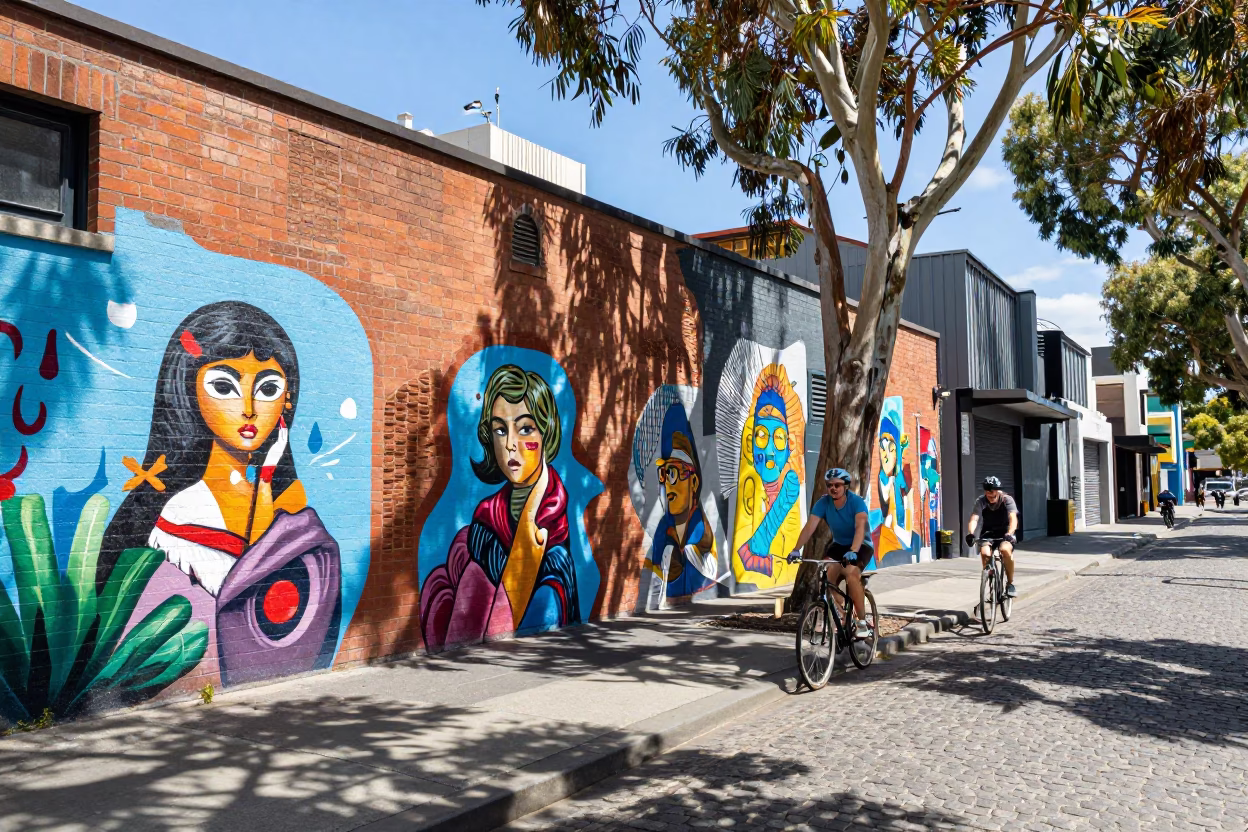 Melbourne Laneway Street Art and Eucalyptus Trees in Bright Midmorning Light in in Melbourne, Victoria, Australia