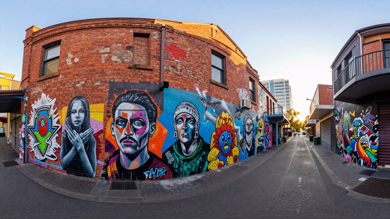 Melbourne laneway street art and heritage architecture in late afternoon light in in Melbourne, Victoria, Australia
