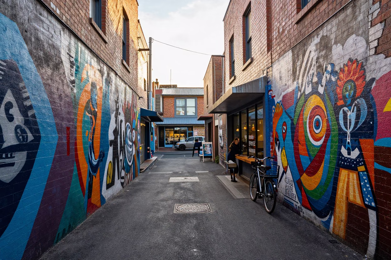 Melbourne laneway street art and morning light in Victoria Australia in in Melbourne, Victoria, Australia