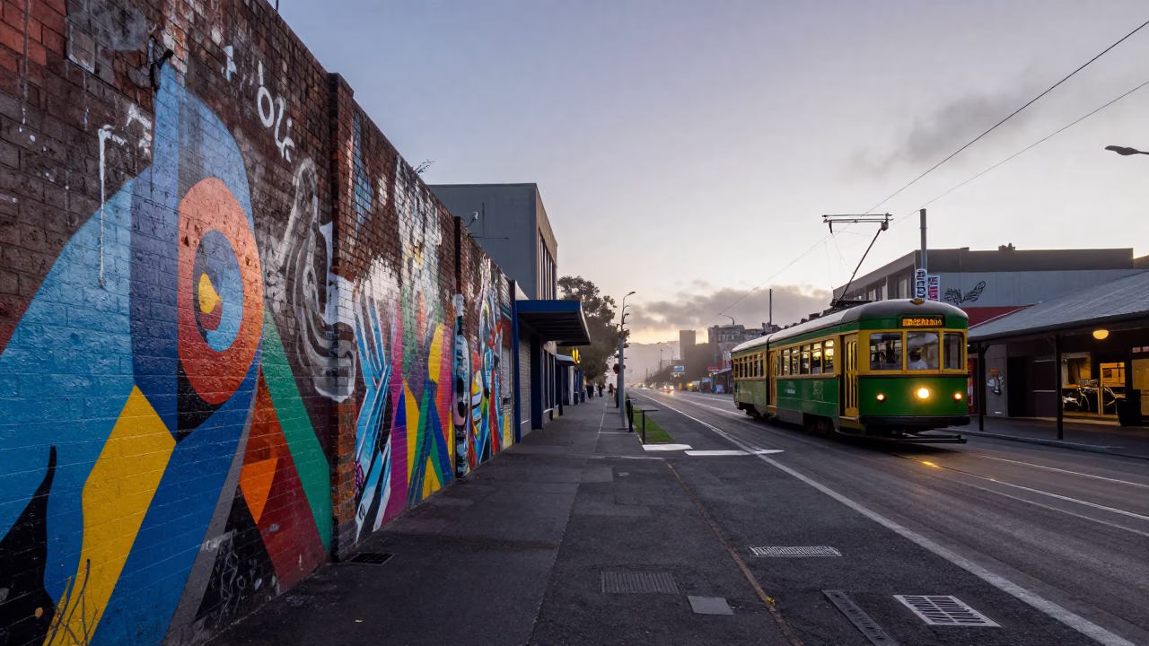 Melbourne laneway street art and tram at nautical dawn with urban commuters in in Melbourne, Victoria, Australia