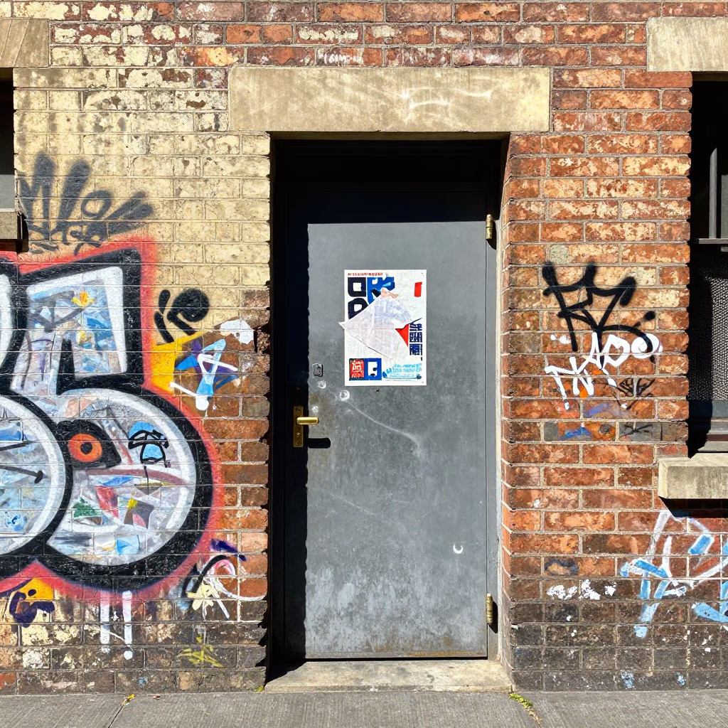 Melbourne laneway street art and urban architecture under harsh noon sunlight in in Melbourne, Victoria, Australia