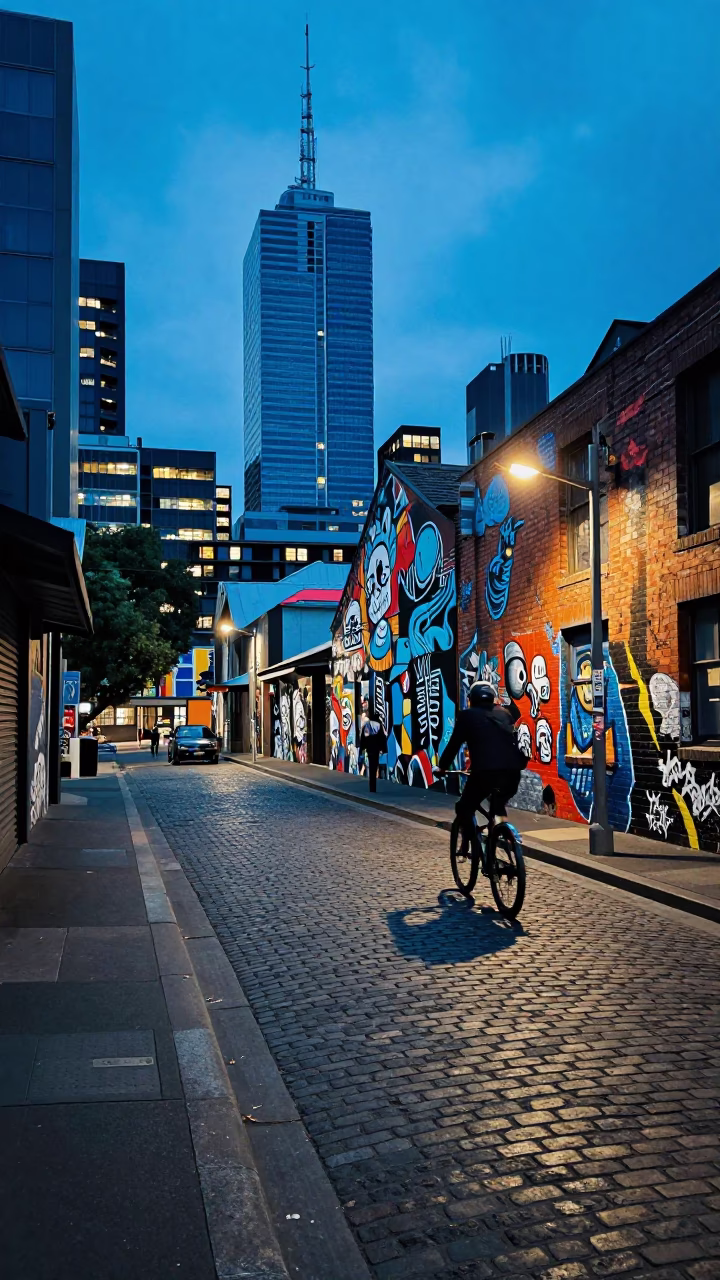 Melbourne laneway street art and urban culture under evening blue hour light in in Melbourne, Victoria, Australia