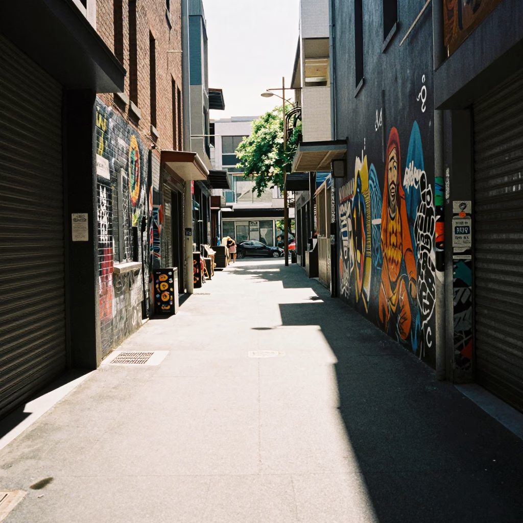 Melbourne Laneway Street Art and Urban Detail Under Harsh Noon Sunlight in in Melbourne, Victoria, Australia