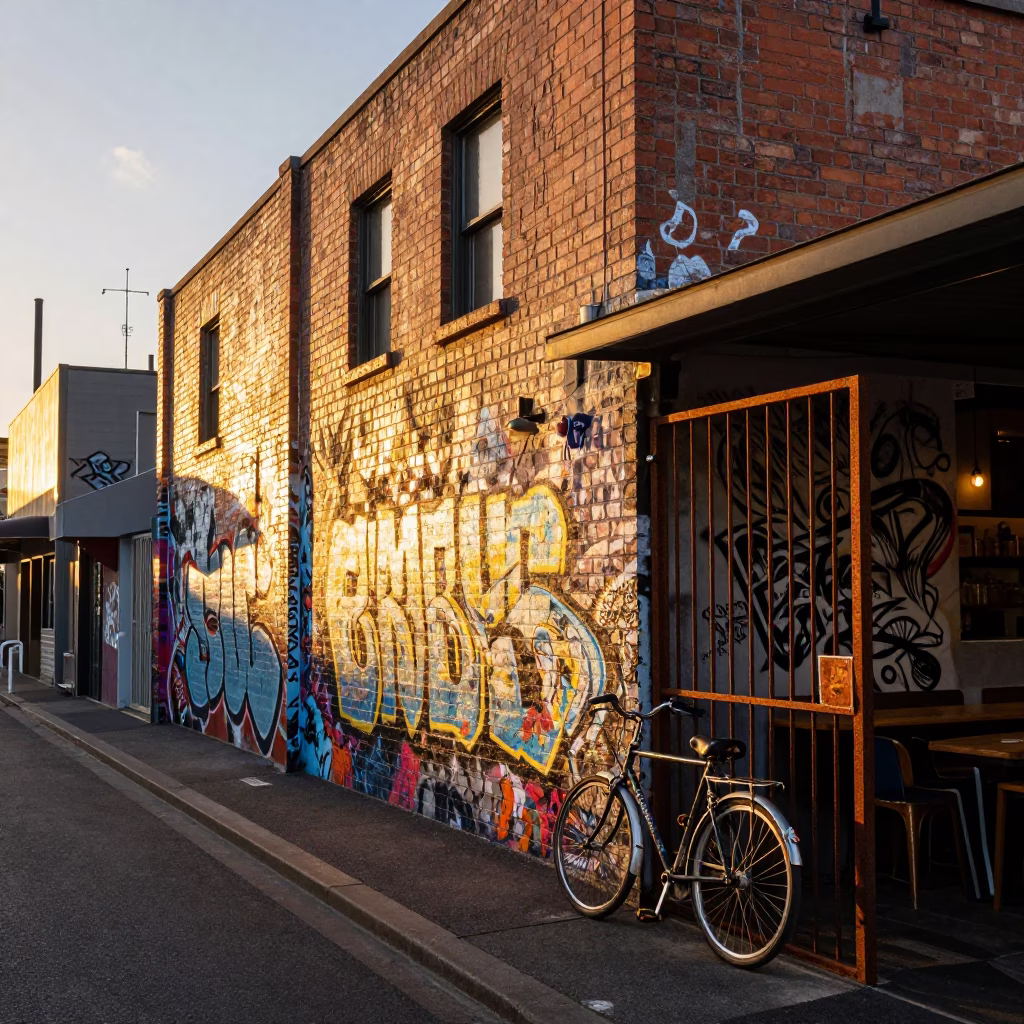 Melbourne laneway street art and urban life during golden hour sunset in in Melbourne, Victoria, Australia