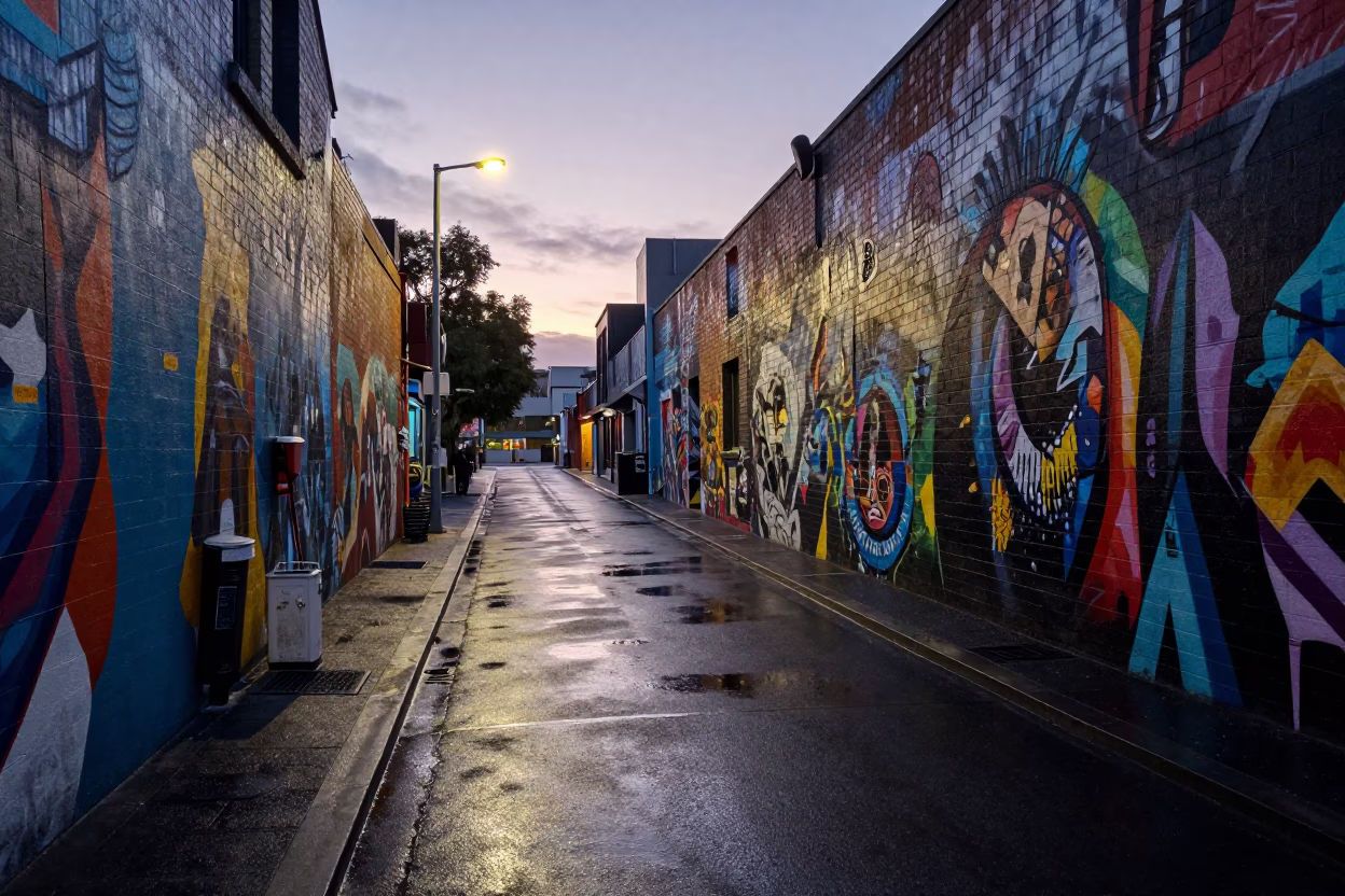 Melbourne laneway street art and wet pavement at dawn with leaf shadows in in Melbourne, Victoria, Australia