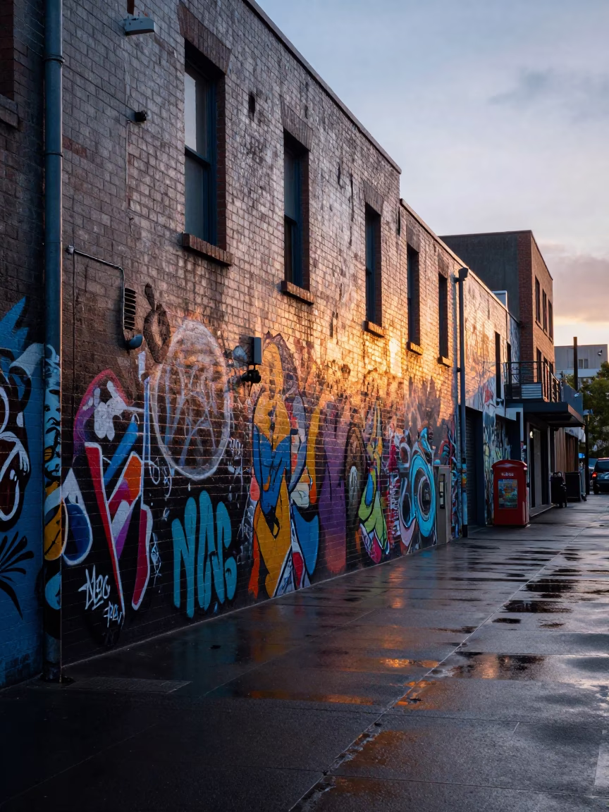 Melbourne laneway street art and wet pavement before dawn in Australia in in Melbourne, Victoria, Australia