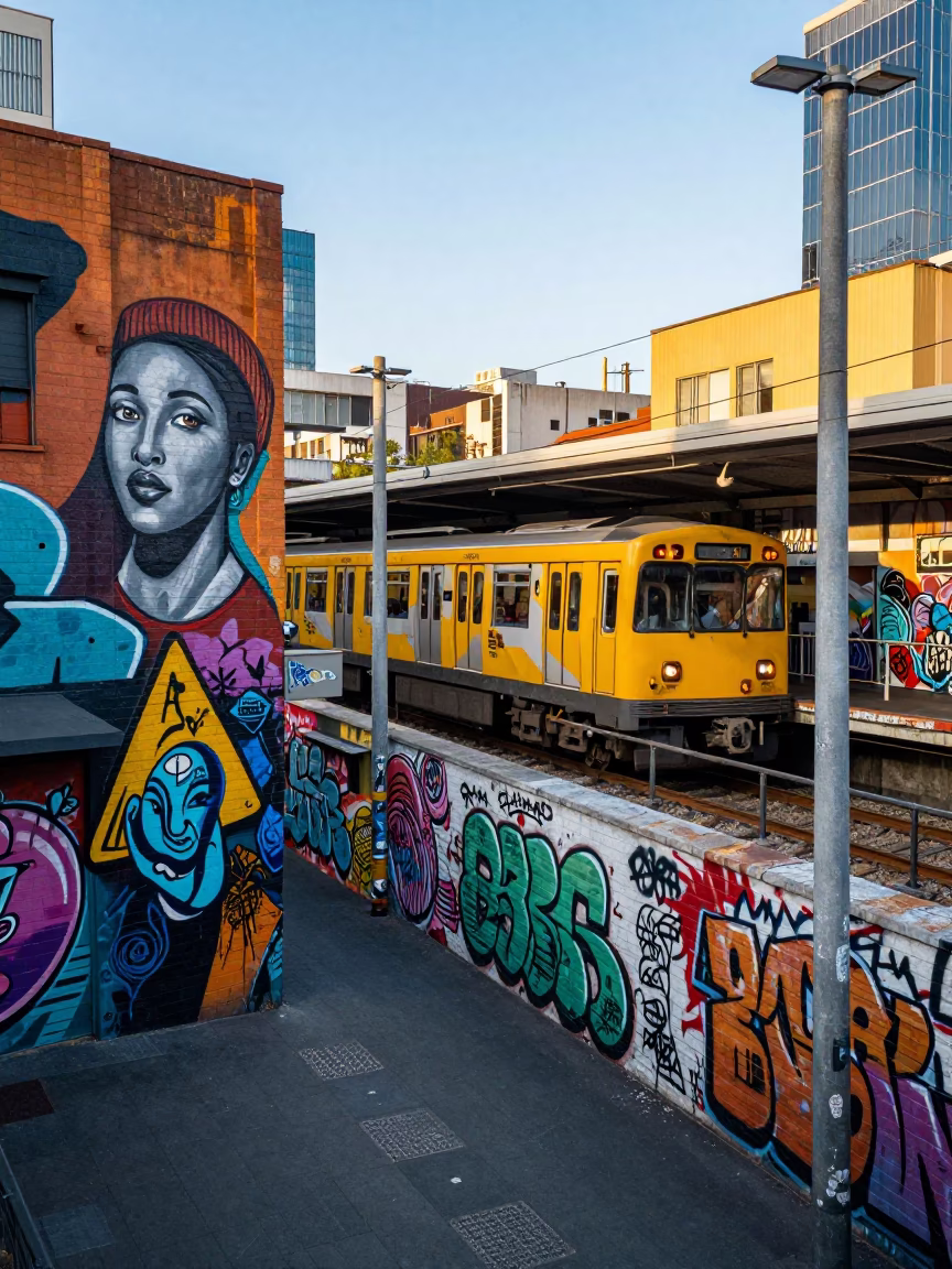 Melbourne Laneway Street Art Metro Train Late Afternoon Light in in Melbourne, Victoria, Australia