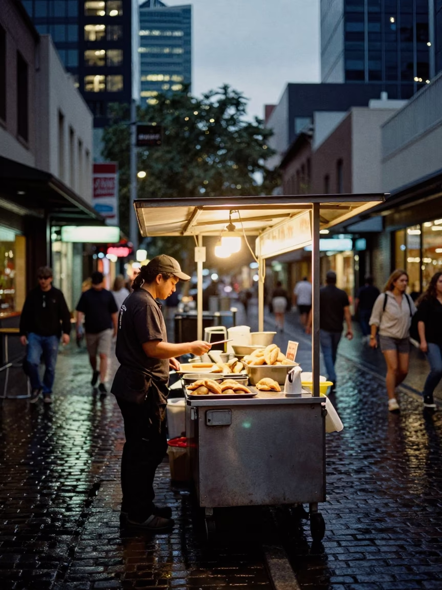 Melbourne laneway street food stall serving empanadas at dusk with city lights in in Melbourne, Victoria, Australia