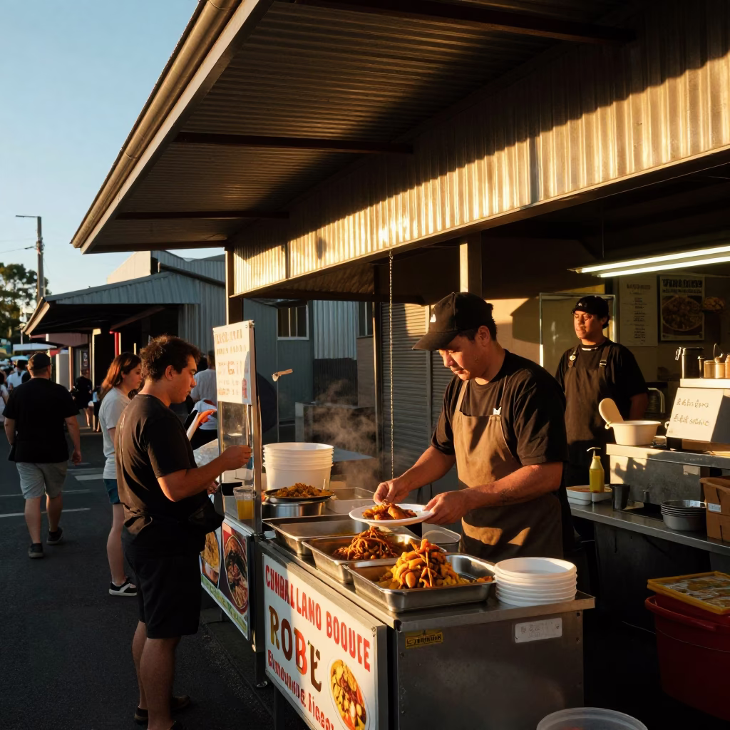 Melbourne laneway street food vendor serving curry with string lights at sunset in in Melbourne, Victoria, Australia